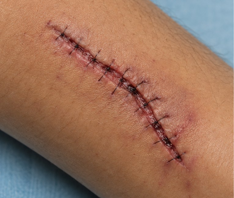 Conventional Open Surgery Stitches – Before Conventional open surgery incision with traditional stitches before robotic surgery